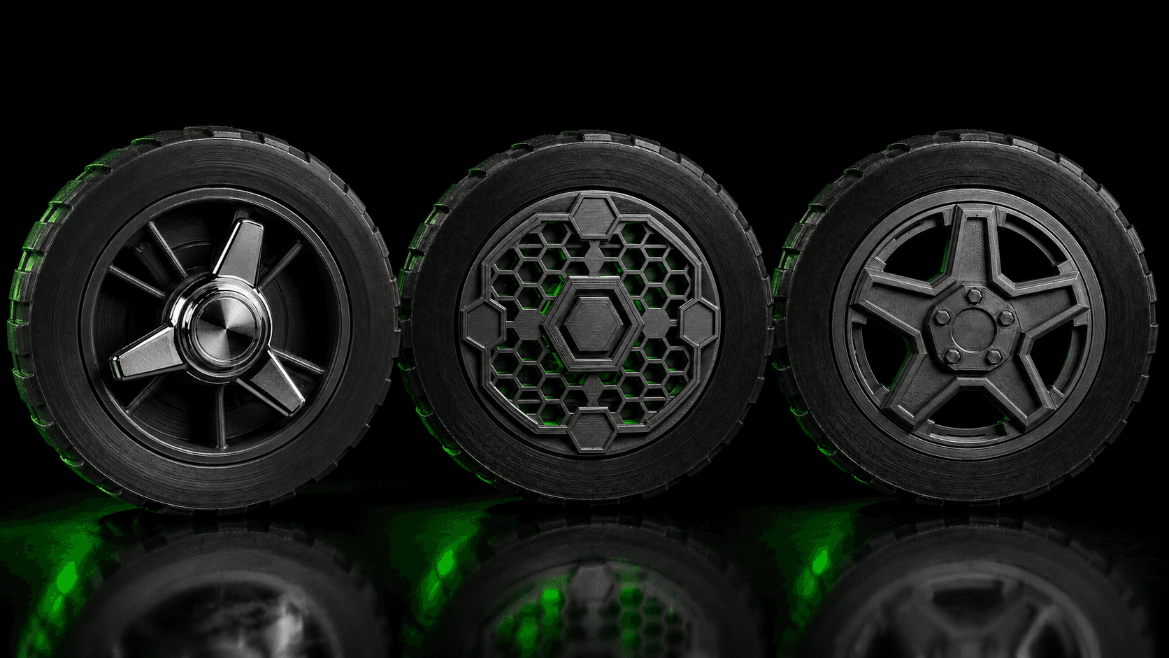 GrubCaps lineup - Chrome Spinner, Wire Wheel, Cyberpunk Hex designs